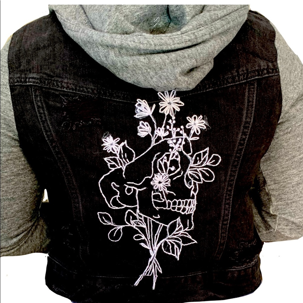 Hand embroidered denim/ sweatshirt hooded jacket